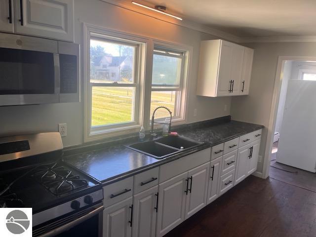 kitchen with white cabinetry, stainless steel appliances, crown molding, dark hardwood / wood-style floors, and sink