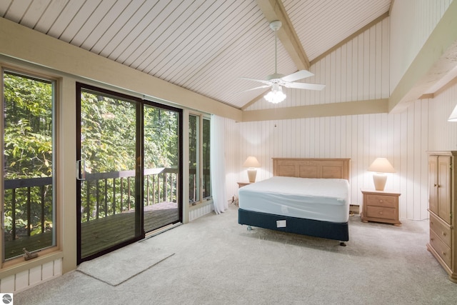 2500 Josef Strasse Unit 410-411, Bellaire, MI 49615 - carpeted bedroom featuring beamed ceiling, access to exterior, high vaulted ceiling, and ceiling fan
