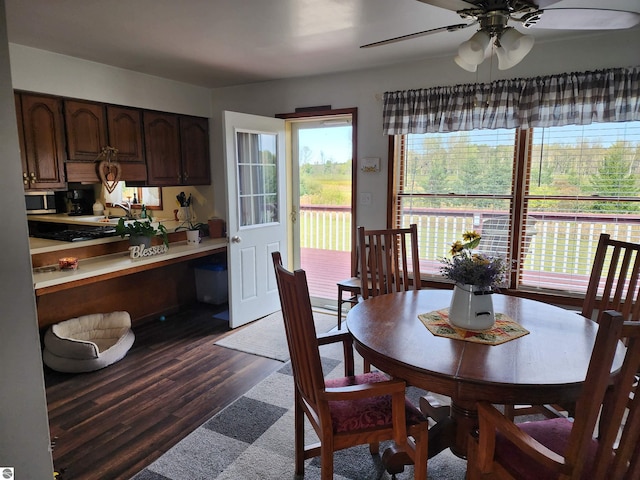 dining room featuring ceiling fan, dark hardwood / wood-style flooring, and sink