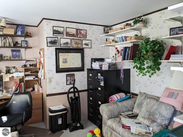 office featuring ornamental molding and light carpet