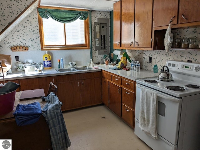 kitchen featuring white electric range, sink, and electric panel