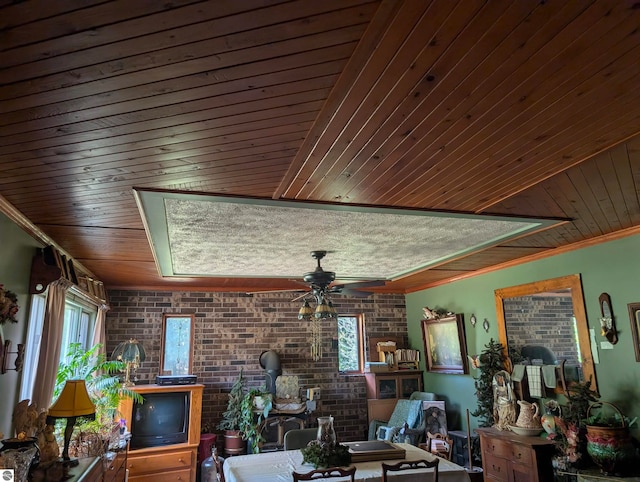 living room featuring wooden ceiling, ceiling fan, and crown molding