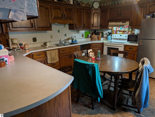 kitchen with white electric range oven, stainless steel fridge, and sink