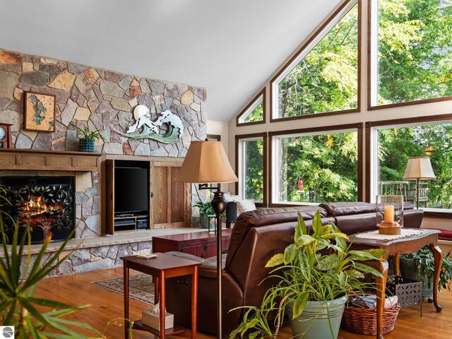 living room featuring wood-type flooring, high vaulted ceiling, and a stone fireplace