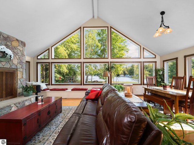 living room featuring a water view, light hardwood / wood-style floors, a wealth of natural light, and a stone fireplace