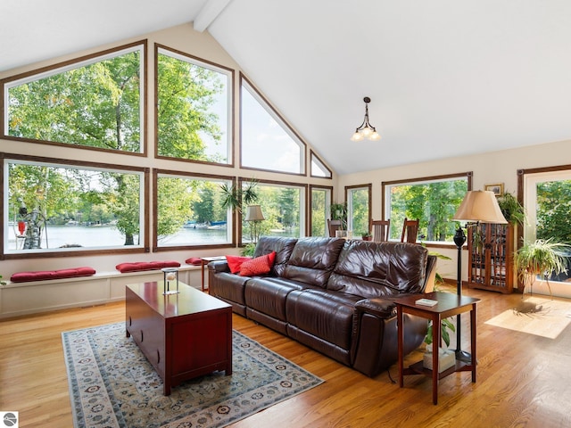 living room with a water view, light hardwood / wood-style floors, beam ceiling, and a wealth of natural light