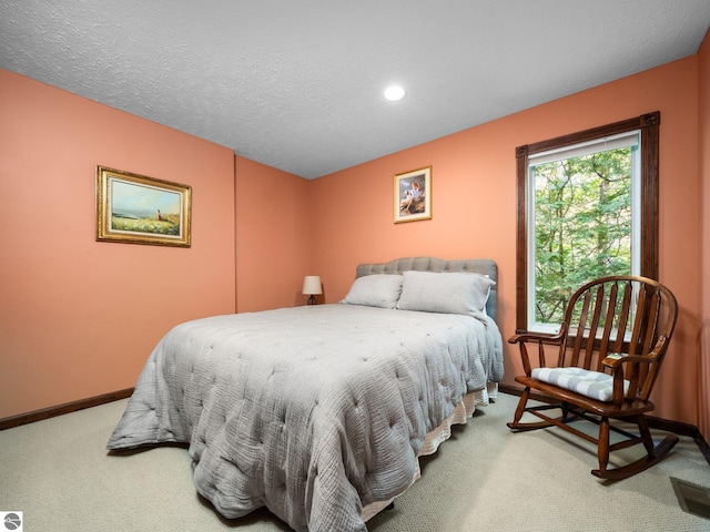 bedroom with carpet floors and a textured ceiling