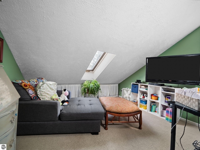 interior space featuring light carpet, a textured ceiling, lofted ceiling, and radiator heating unit