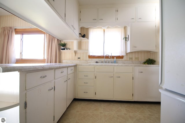 kitchen featuring white refrigerator, white cabinets, and sink