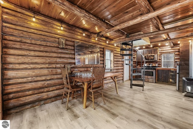 interior space with light wood-type flooring, beamed ceiling, and wooden ceiling