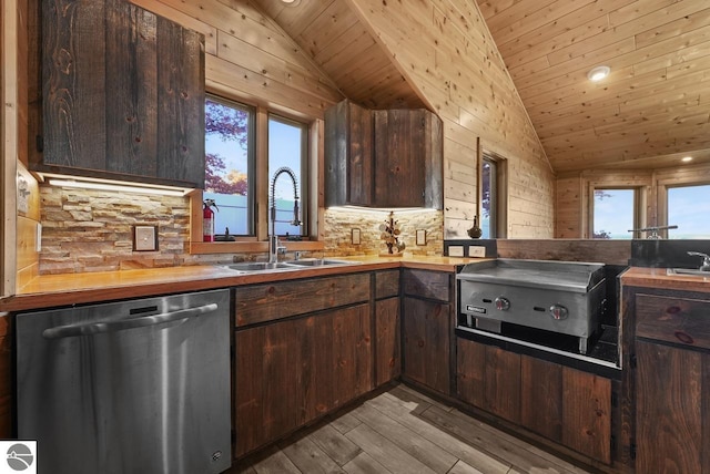 kitchen with stainless steel dishwasher, sink, butcher block countertops, and dark brown cabinetry