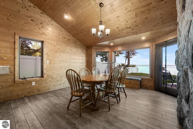 dining room featuring hardwood / wood-style floors, wooden walls, and a water view