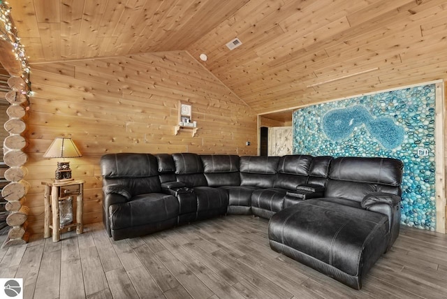 living room featuring wood ceiling, high vaulted ceiling, wood-type flooring, and wooden walls