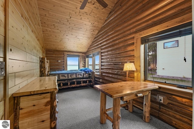 bedroom with lofted ceiling, carpet, wood ceiling, and ceiling fan