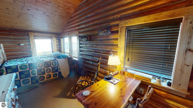 bedroom with carpet, high vaulted ceiling, wooden ceiling, and log walls