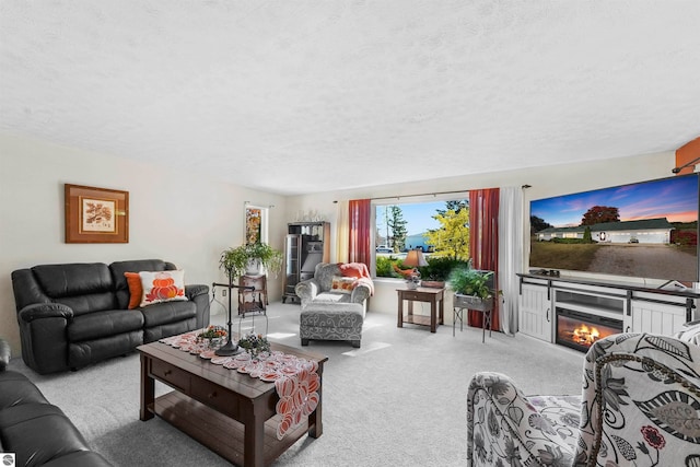 carpeted living room with a textured ceiling