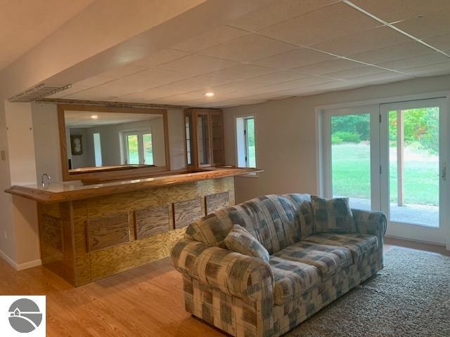 living room featuring light hardwood / wood-style floors and bar