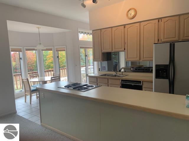 kitchen featuring light carpet, stainless steel appliances, sink, and pendant lighting