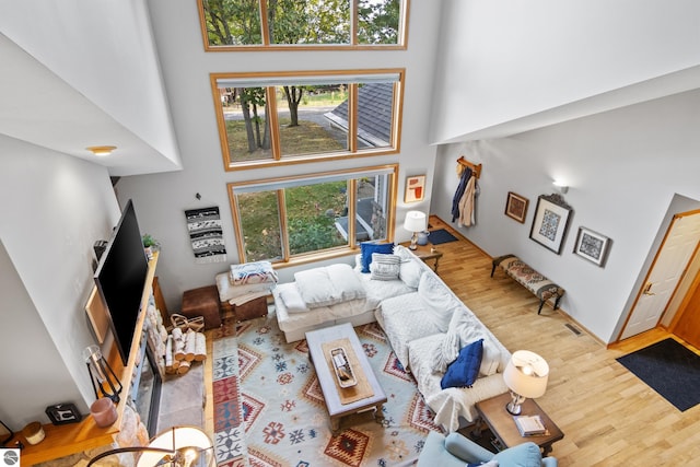 living room with a towering ceiling and light hardwood / wood-style flooring