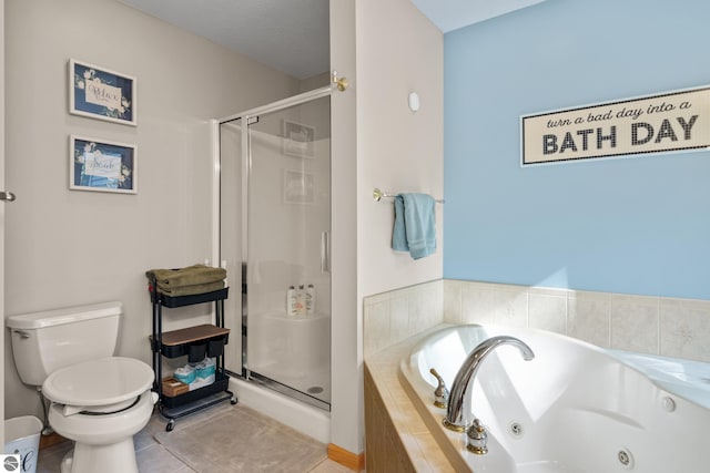 bathroom with tile patterned flooring, toilet, independent shower and bath, and a textured ceiling