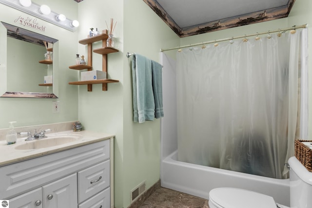 full bathroom featuring vanity, toilet, and shower / bathtub combination with curtain