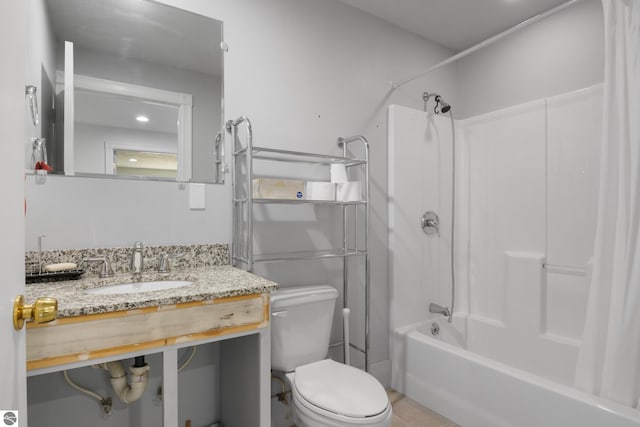 full bathroom with vanity, shower / tub combo with curtain, toilet, and tile patterned flooring