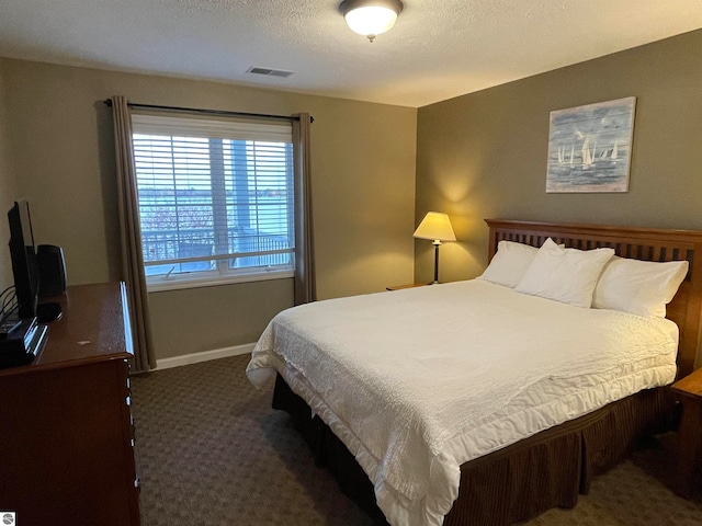 carpeted bedroom with a textured ceiling