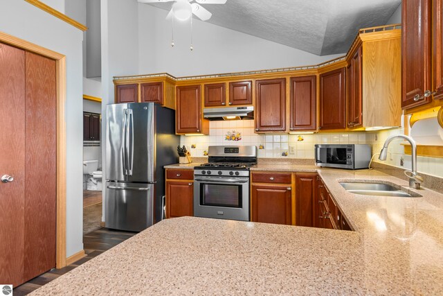 kitchen featuring sink, a textured ceiling, stainless steel appliances, dark hardwood / wood-style floors, and decorative backsplash