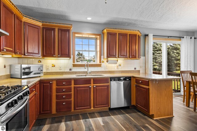 kitchen featuring decorative backsplash, sink, dark hardwood / wood-style flooring, kitchen peninsula, and appliances with stainless steel finishes