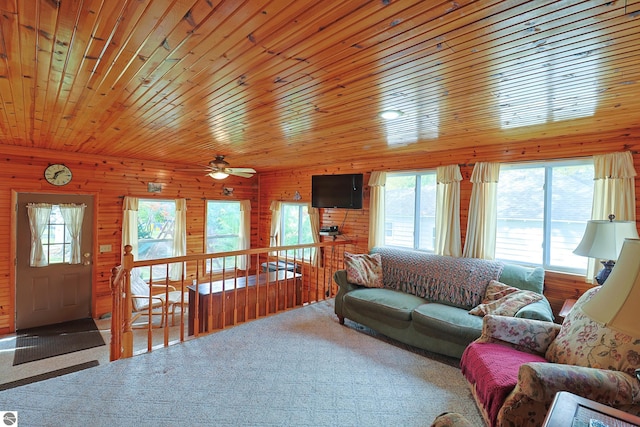 living room with a wealth of natural light, wood walls, and carpet