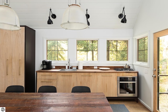 kitchen with light brown cabinetry, a healthy amount of sunlight, hanging light fixtures, and stainless steel appliances