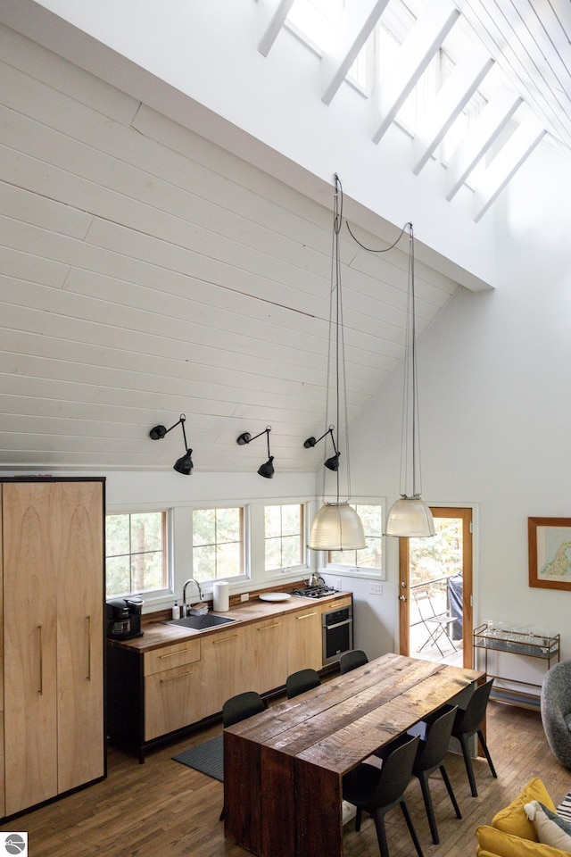 kitchen featuring a wealth of natural light, hanging light fixtures, sink, and dark hardwood / wood-style flooring