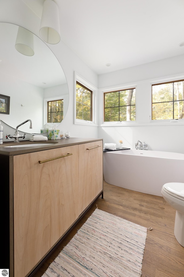 bathroom with a bath, hardwood / wood-style floors, vanity, and toilet