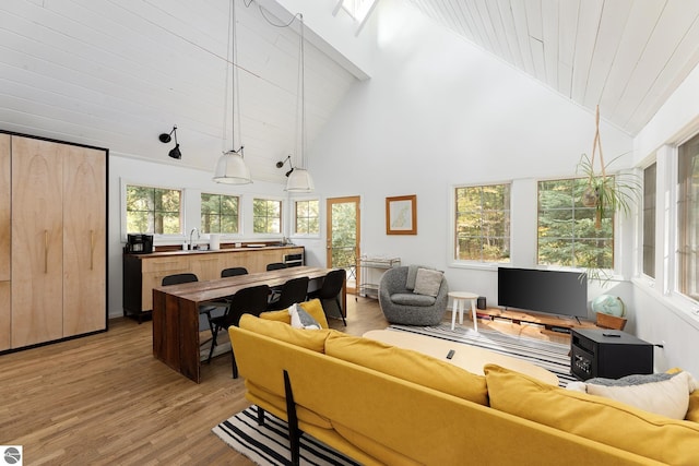 living room with sink, hardwood / wood-style floors, and high vaulted ceiling