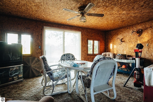 carpeted dining area with ceiling fan and a healthy amount of sunlight