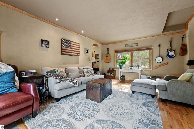 living room with light hardwood / wood-style floors and crown molding