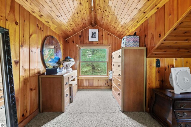 interior space with light carpet and wood walls