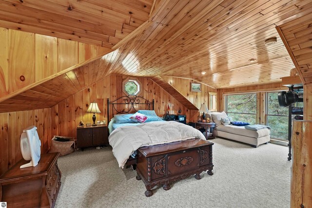 bedroom featuring wood ceiling, carpet flooring, wooden walls, and vaulted ceiling