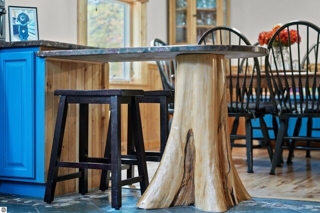 bar with blue cabinets, hardwood / wood-style flooring, and a healthy amount of sunlight