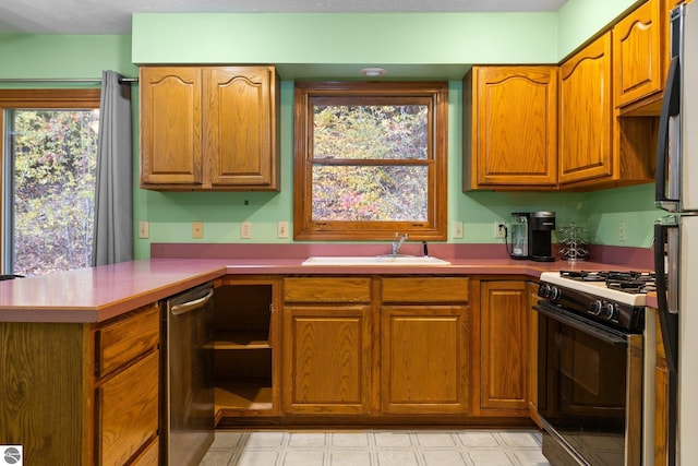 kitchen with appliances with stainless steel finishes, sink, and kitchen peninsula