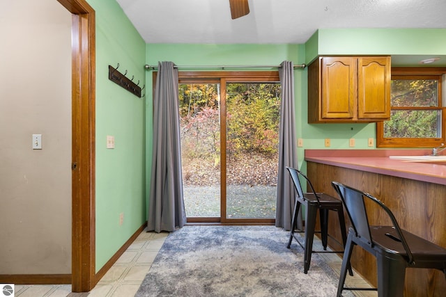 interior space with ceiling fan