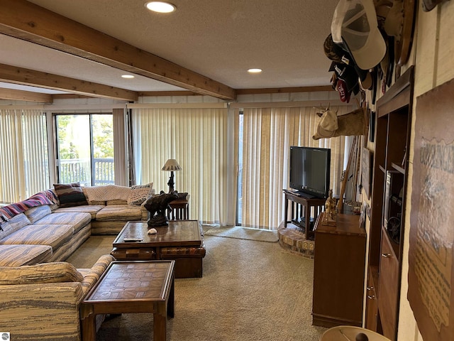 5417 Golfview Rd, Bellaire, MI 49615 - carpeted living area with a textured ceiling, beamed ceiling, and recessed lighting