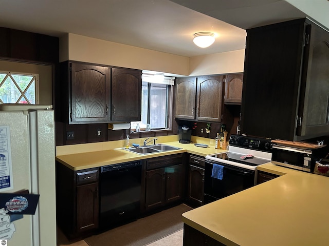 kitchen featuring dishwasher, dark brown cabinetry, electric stove, and sink