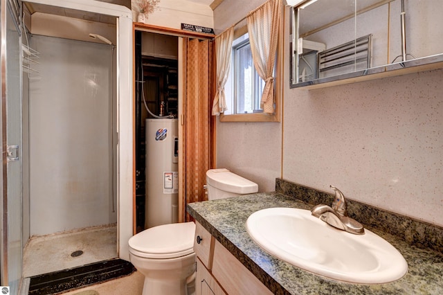 bathroom featuring vanity, toilet, electric water heater, and walk in shower