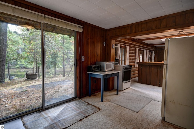 office area featuring wood walls and light colored carpet