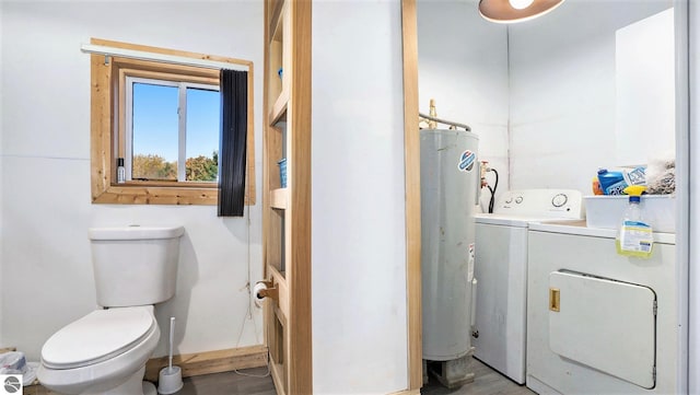 bathroom featuring toilet, hardwood / wood-style flooring, and gas water heater