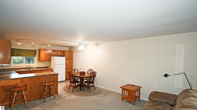 interior space featuring light carpet, sink, and ceiling fan