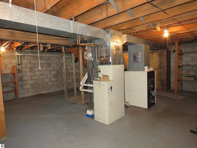 basement featuring heating unit