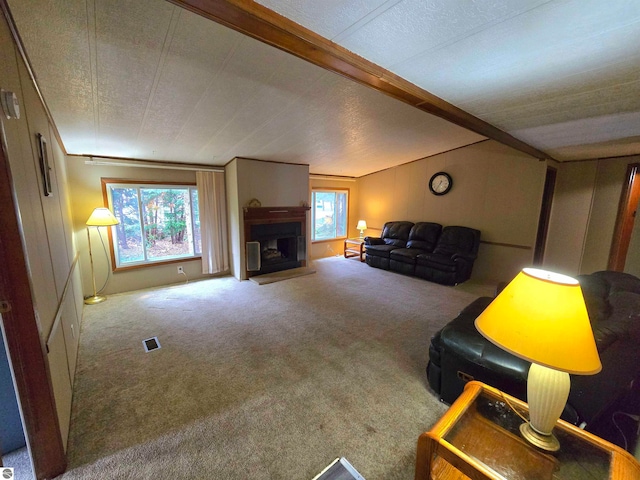 living room featuring carpet, a textured ceiling, and plenty of natural light