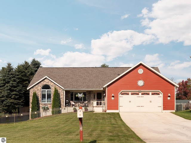 single story home with a front yard and a garage